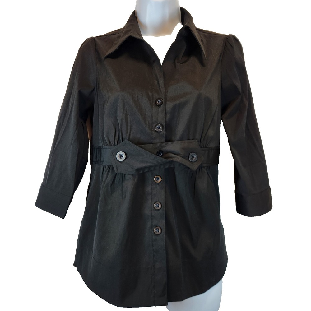 Antilia Femme Blouse M Black Cotton Stretch Top Snap Front Shirt 3/4 Sleeves